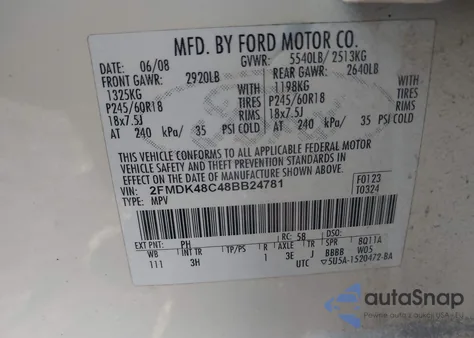 2008 Ford Edge Sel from USA, damaged, VIN 2FMDK48C48BB24781